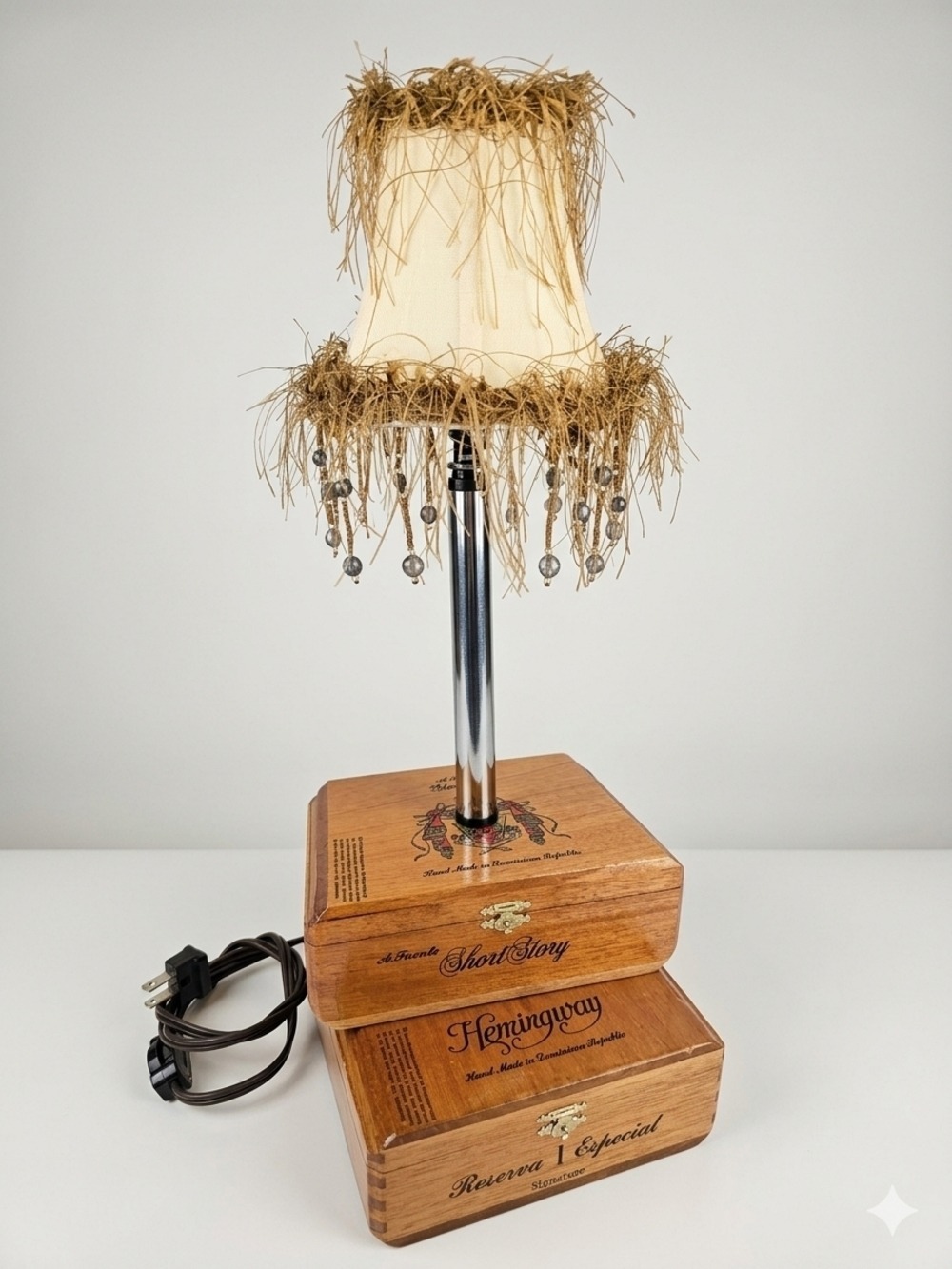 Hemingway Cream Fringe Table Lamp Wooden Cigar Box Base